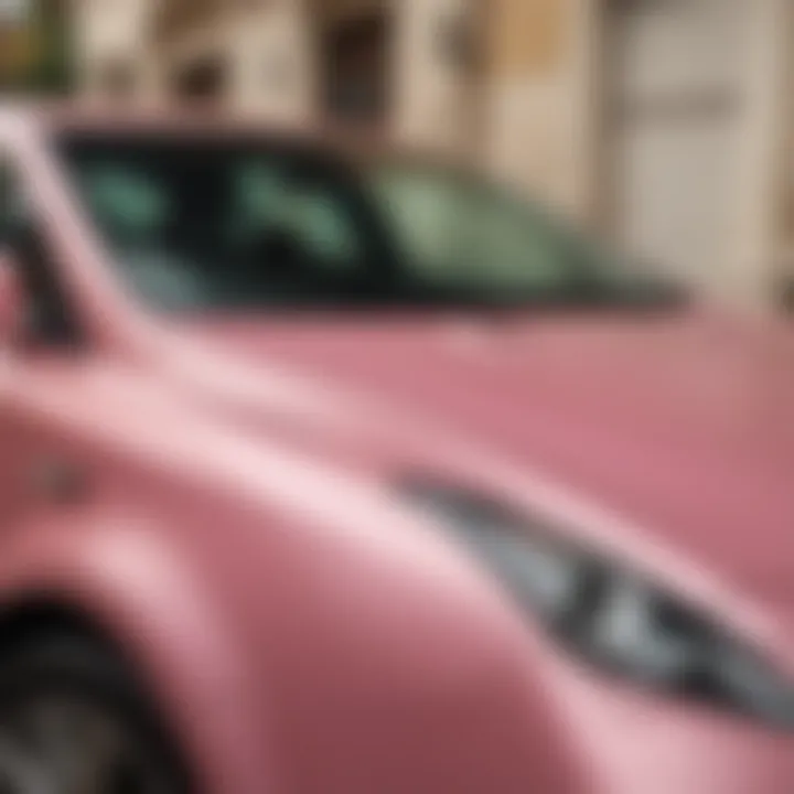 A well-maintained pearlescent pink car wrap demonstrating effective care and cleanliness
