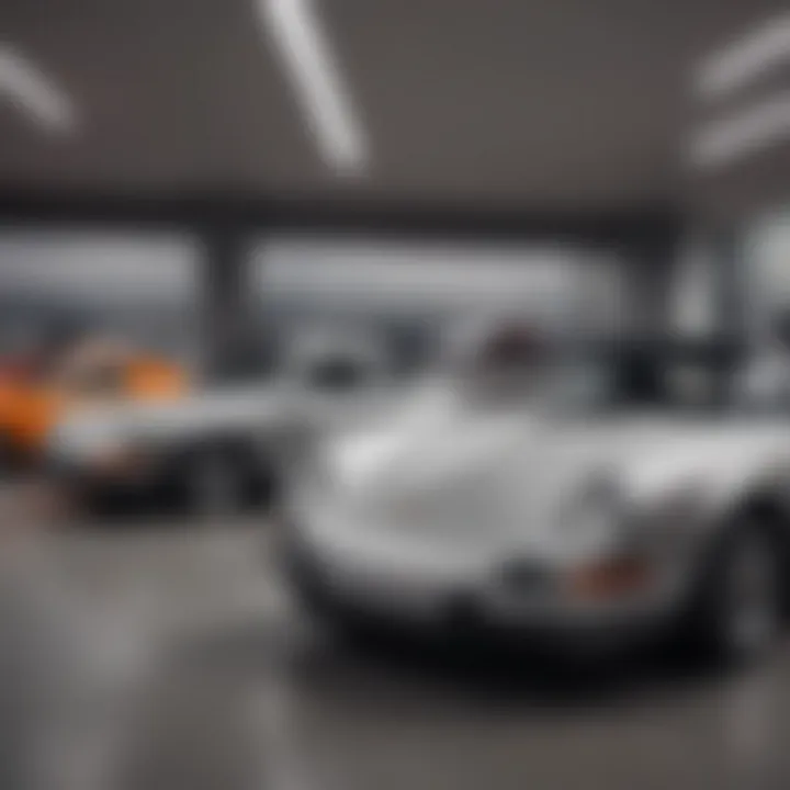 Interior shot of the showroom featuring various Porsche models.