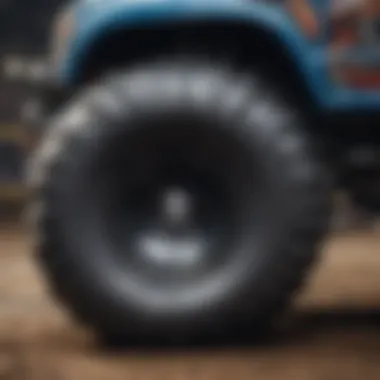 A close-up of a powerful monster truck highlighting its intricate design and specifications.