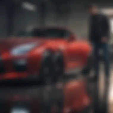An owner inspecting a used Nissan GTR highlighting key features.