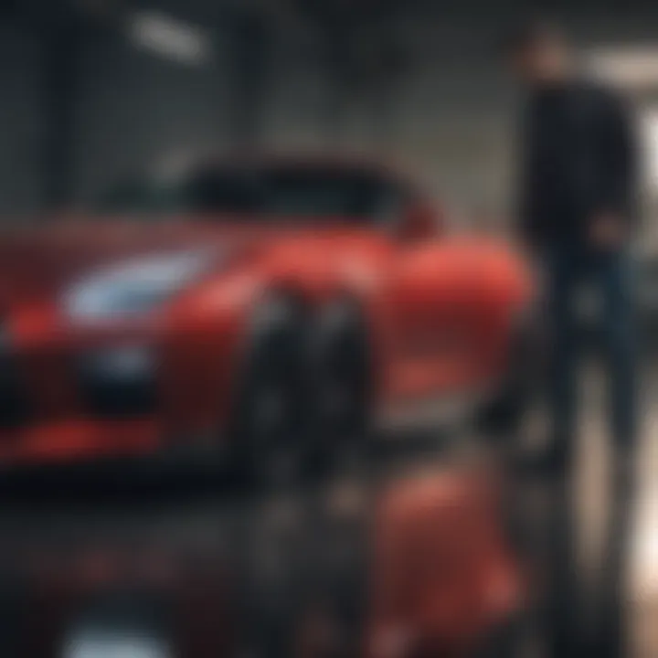 An owner inspecting a used Nissan GTR highlighting key features.