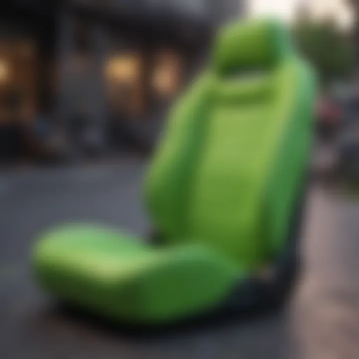 Neon green seat cover in an outdoor setting demonstrating durability