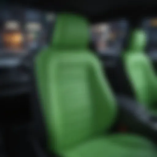 A vibrant neon green seat cover in a modern vehicle interior