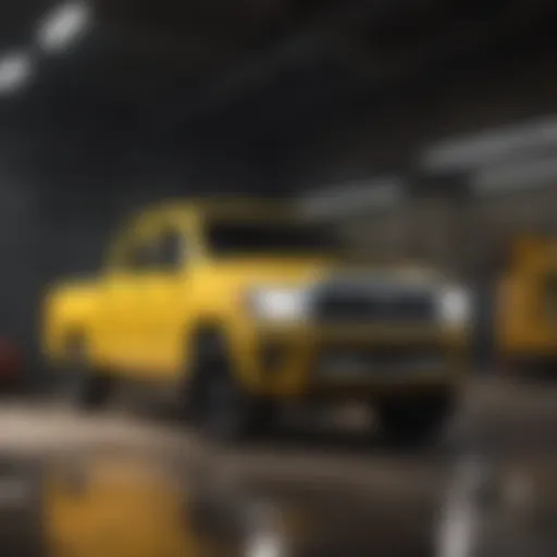 Front view of the yellow Toyota truck showcasing its bold design