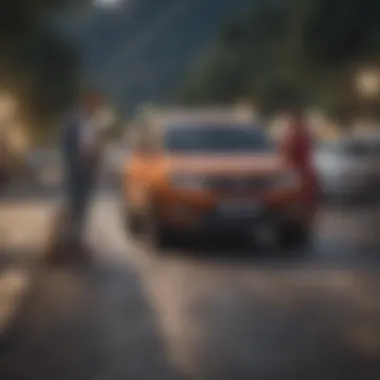 A Fox Car Rental employee assisting a customer by a vehicle on the roadside.