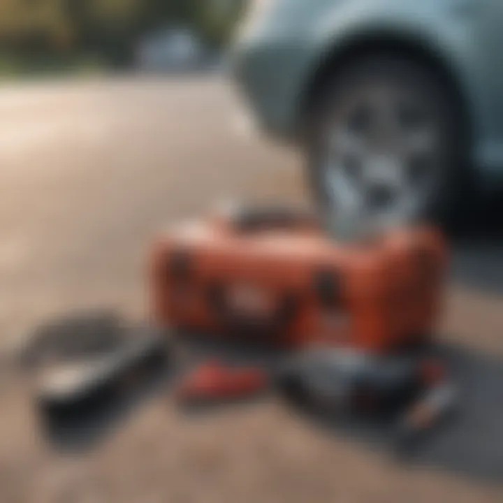 A close-up view of a roadside assistance kit with essential tools.