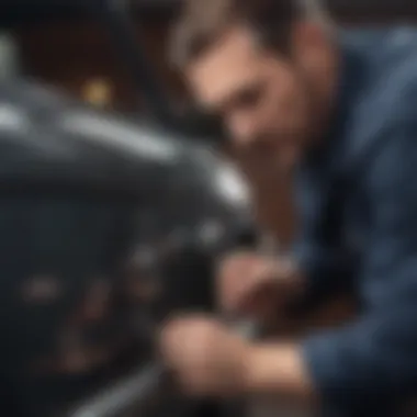 A professional locksmith using specialized equipment to open a car.