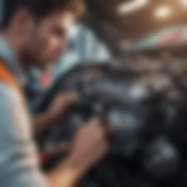 A close-up of a mechanic inspecting a used car's engine