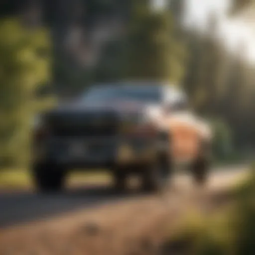 A compact pickup truck parked in a scenic outdoor setting showcasing its size advantage