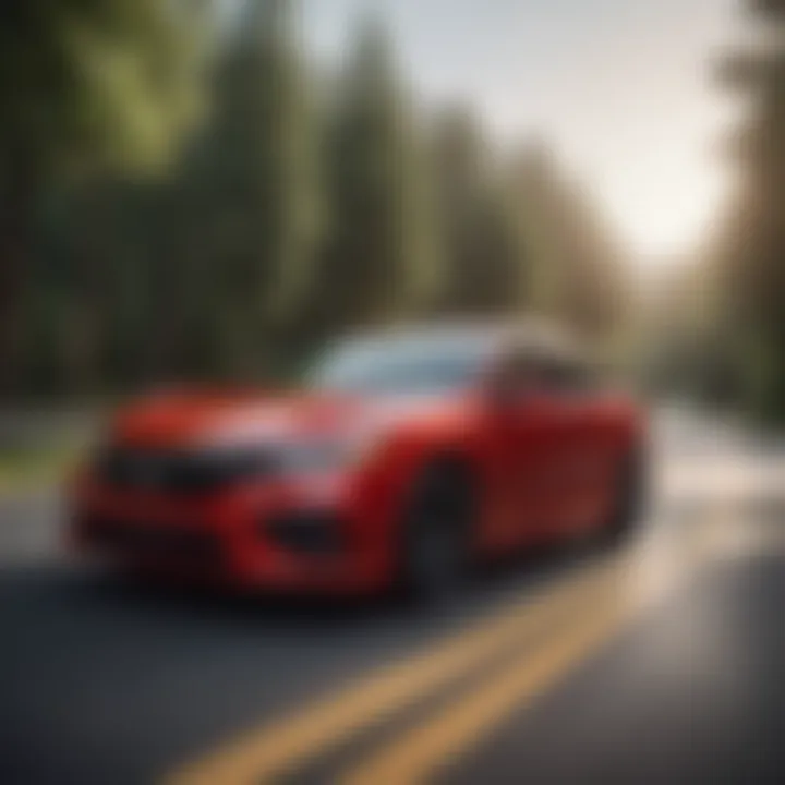 Dynamic performance of the red Honda sedan on a winding road