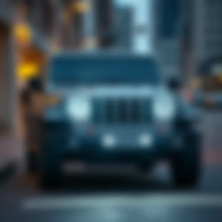 Stylish LED Headlights Enhancing Jeep's Urban Appeal Jeep showcasing stylish LED headlights in an urban setting