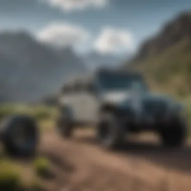 A Jeep parked in a rugged landscape, equipped with a stylish hard shell tire cover.