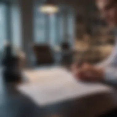 A side view of a person reviewing a lease agreement in a well-lit office.