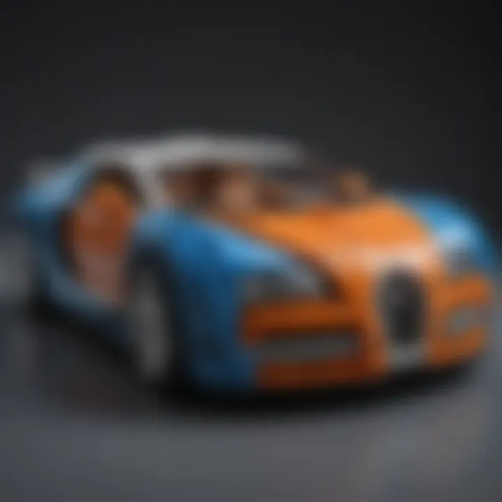 A completed Lego Bugatti Veyron model on display, emphasizing its craftsmanship