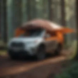 Toyota Highlander with tent attachment set up in a forest
