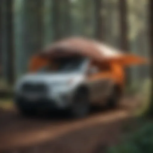 Toyota Highlander with tent attachment set up in a forest