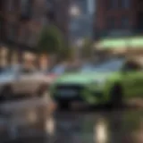 A vibrant cityscape with Uber Eats delivery vehicles
