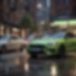 A vibrant cityscape with Uber Eats delivery vehicles