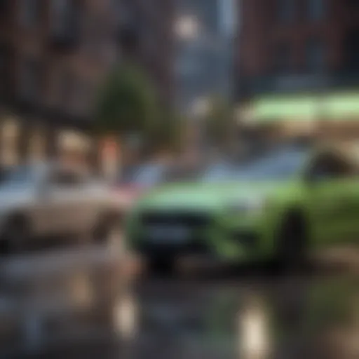 A vibrant cityscape with Uber Eats delivery vehicles