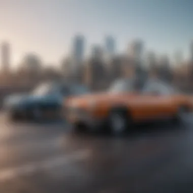 Classic Cars Against the Iconic New York Skyline New York skyline with classic cars in foreground