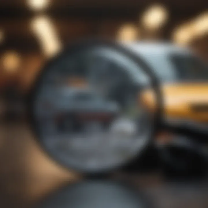 A magnifying glass focusing on a used car advertisement.