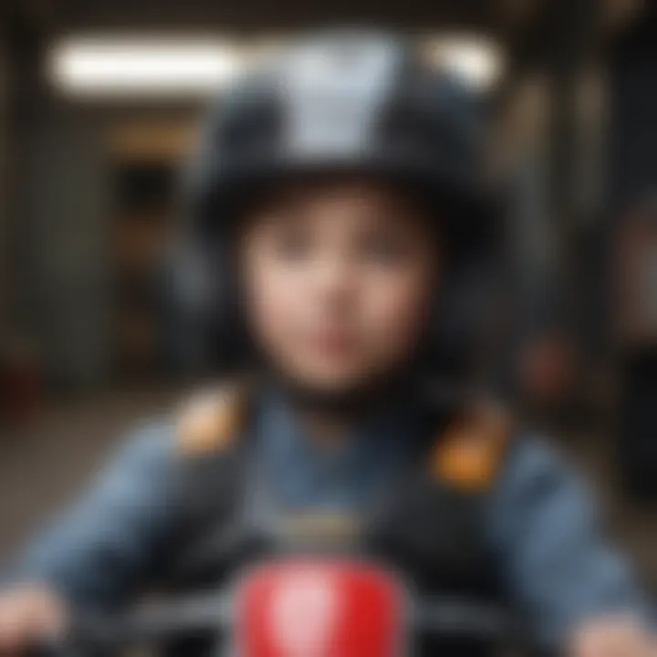 Child wearing a helmet while riding a toy