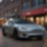 A sleek Tesla parked in an urban environment of St. Louis.