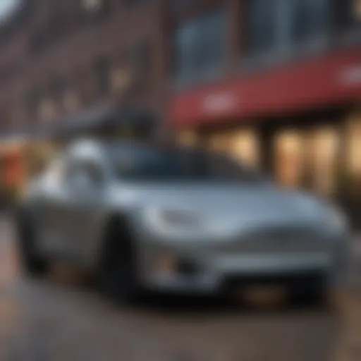 A sleek Tesla parked in an urban environment of St. Louis.