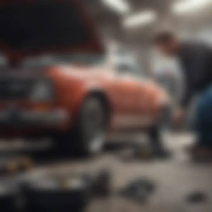 A mechanic inspecting a used car's components