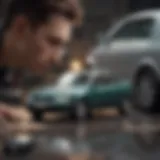 A person examining a used car with a magnifying glass, focusing on details.