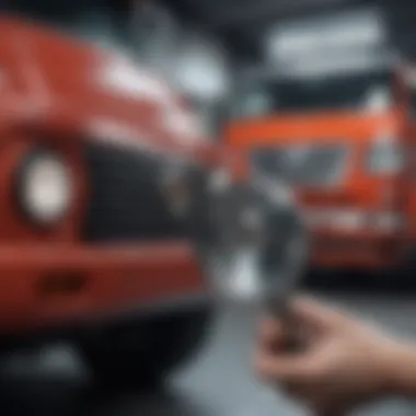 An individual examining a truck with a magnifying glass