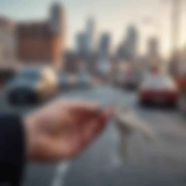 A close-up of a hand holding keys with a city backdrop