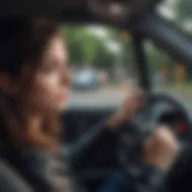 A new driver nervously holding a steering wheel in a parked car.