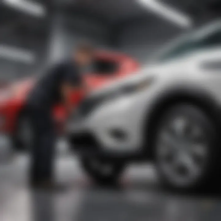 Nissan service center technician inspecting a car