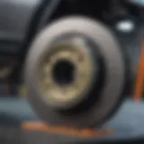 Close-up of brake rotor and pad components