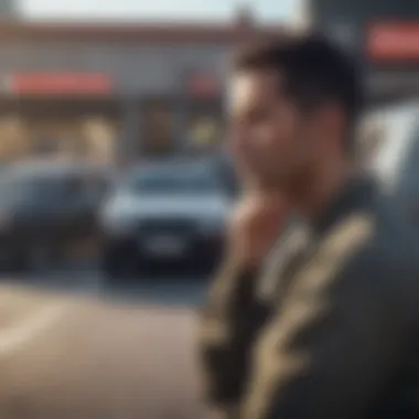 An individual contemplating their options in front of a parked vehicle.