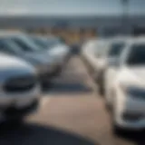 A close-up view of a used car dealership lot showcasing various models.