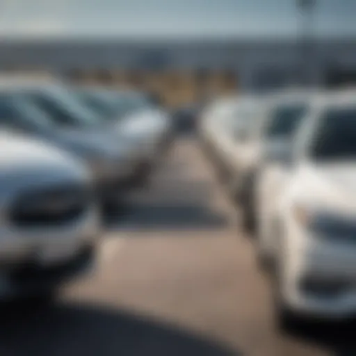 A close-up view of a used car dealership lot showcasing various models.