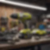 Ryobi power tools displayed on a workbench