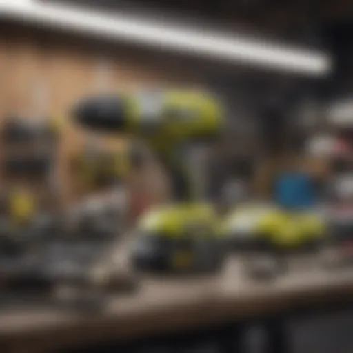 Ryobi power tools displayed on a workbench