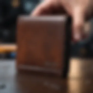 Leather Wallet Treatment Close-up view of a leather wallet being treated with a specialized cleaner.