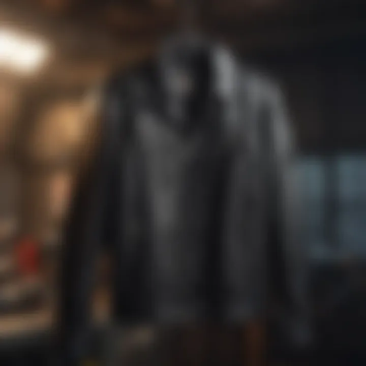 A well-maintained leather jacket placed on a hanger, showcasing its pristine condition.