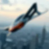 Conceptual design of a futuristic flying car soaring above a city skyline