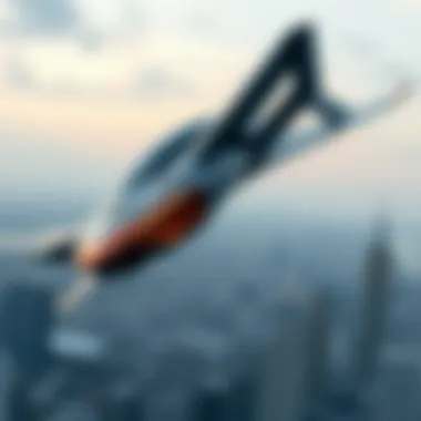 Futuristic Flying Car Design Conceptual design of a futuristic flying car soaring above a city skyline