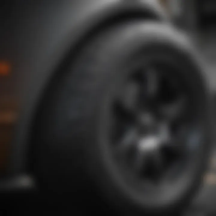 Close-up of a Mustang's wide tire highlighting unique tread patterns.