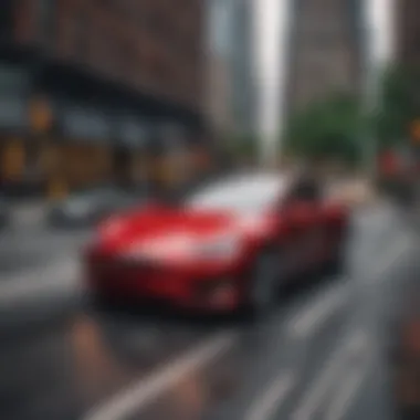 Tesla Electric Vehicle in NYC A Tesla electric vehicle navigating through the streets of New York City.