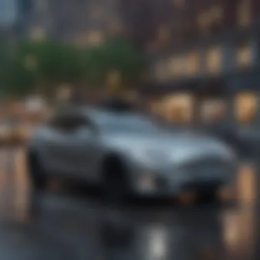 Uber Ride-Share Experience in NYC An Uber driver picking up a passenger in a bustling NYC neighborhood.