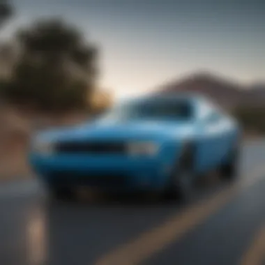 Dodge Challenger in Motion on the Road Dynamic action shot of the light blue Dodge Challenger on the road
