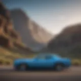 Striking light blue Dodge Challenger parked against a scenic backdrop