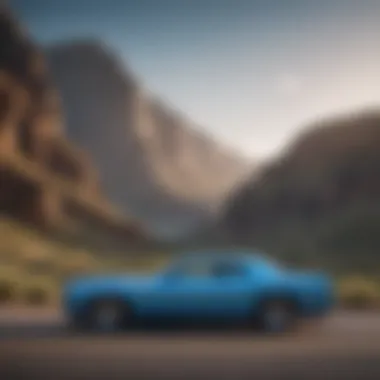 Striking light blue Dodge Challenger parked against a scenic backdrop